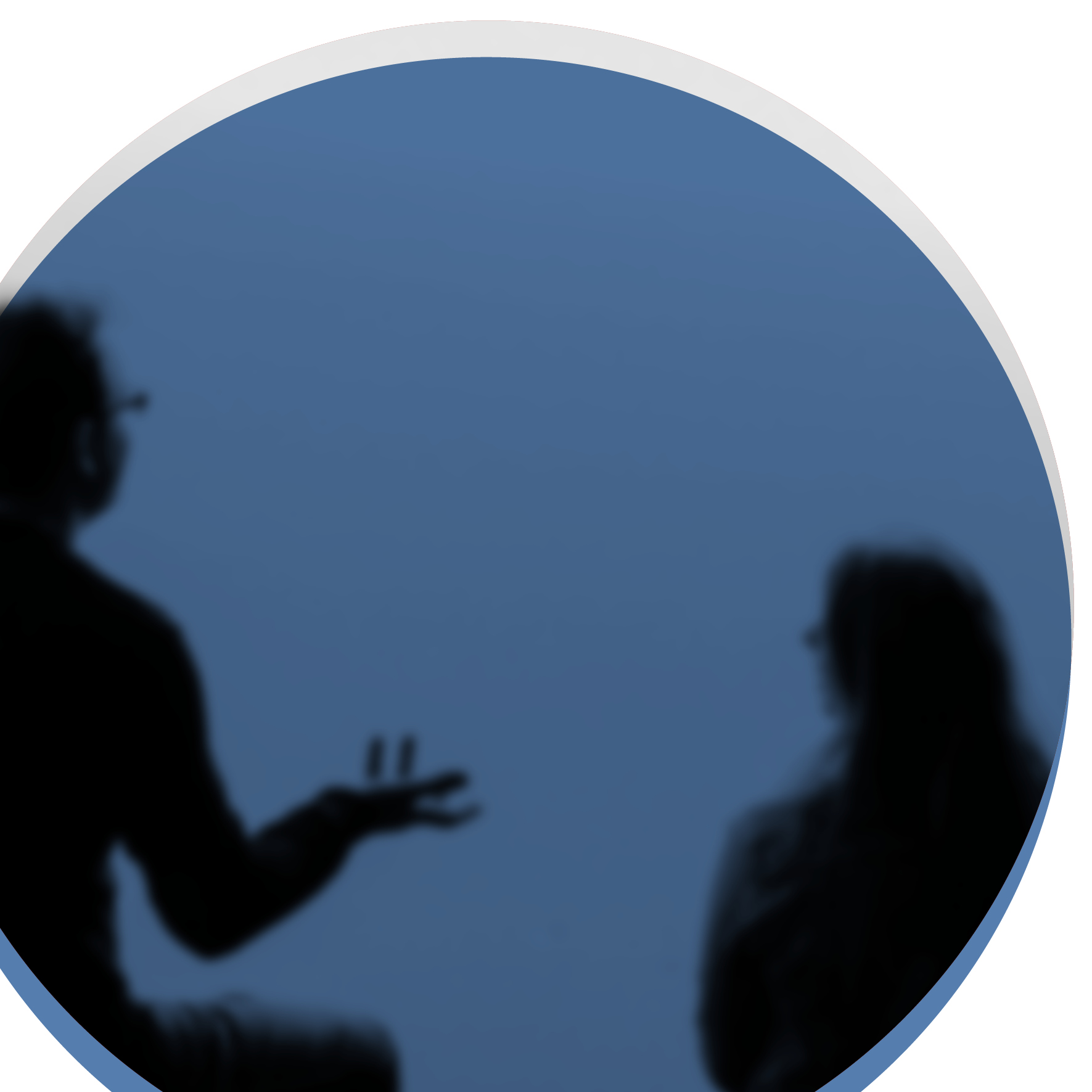 Image of a silhouette of a man and a woman having a conversation inside a large blue circle